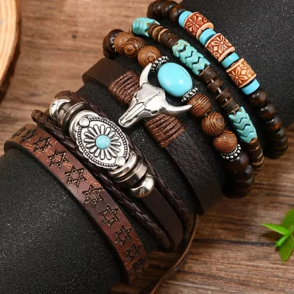Western Men's Brown and Turquoise  leather 6x bracelet set